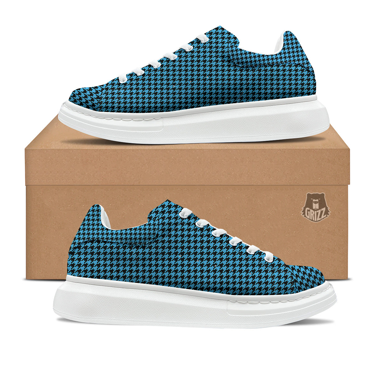 Houndstooth Black And Blue Print Platform Shoes-grizzshop