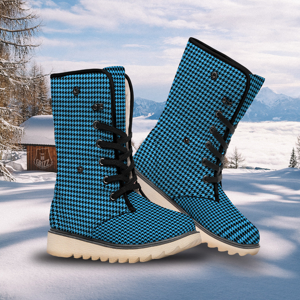 Houndstooth Black And Blue Print Snow Boots-grizzshop