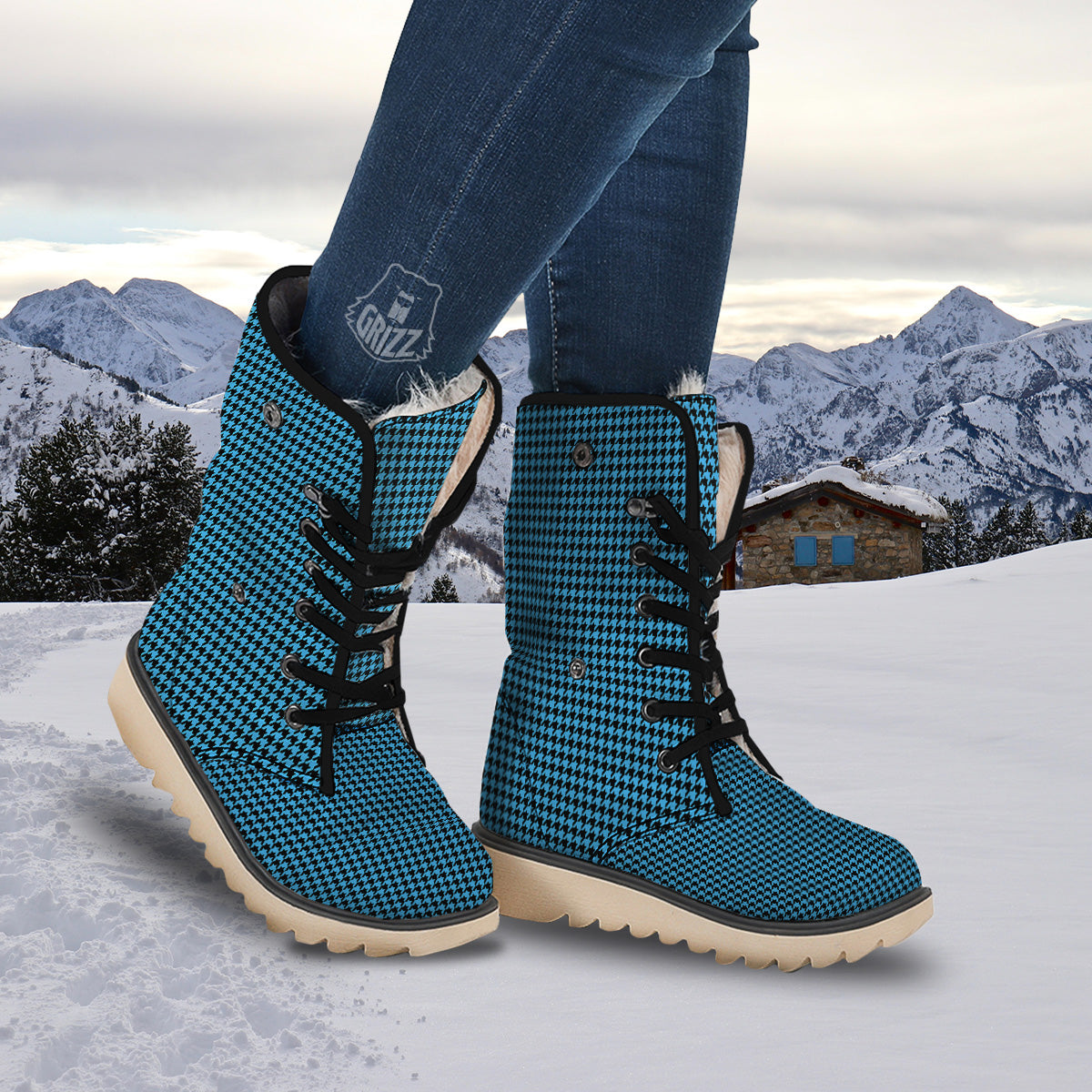 Houndstooth Black And Blue Print Snow Boots-grizzshop