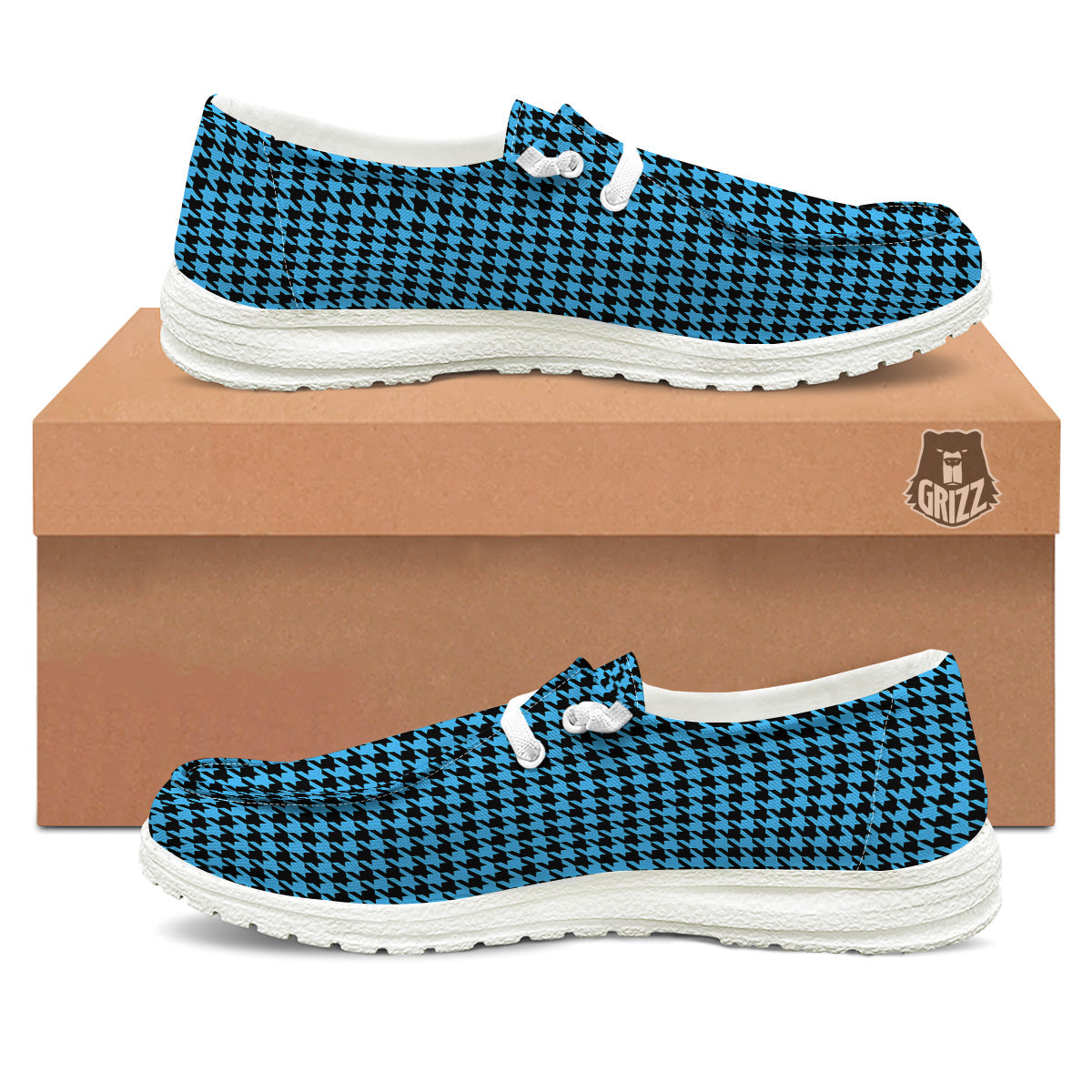 Houndstooth Black And Blue Print White Loafers-grizzshop