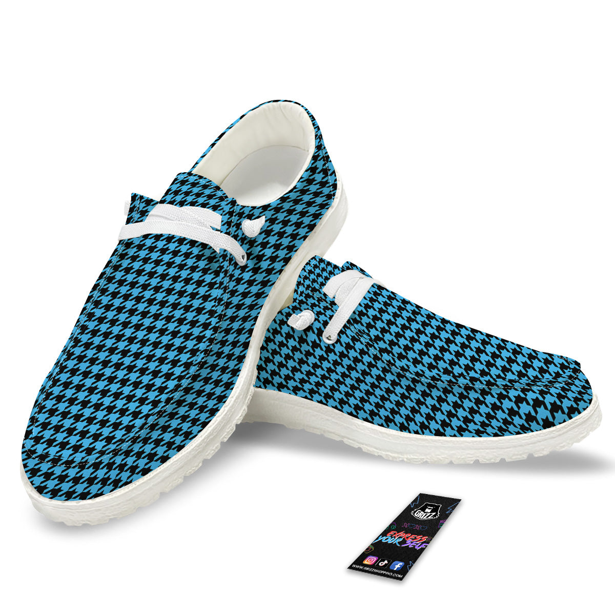 Houndstooth Black And Blue Print White Loafers-grizzshop