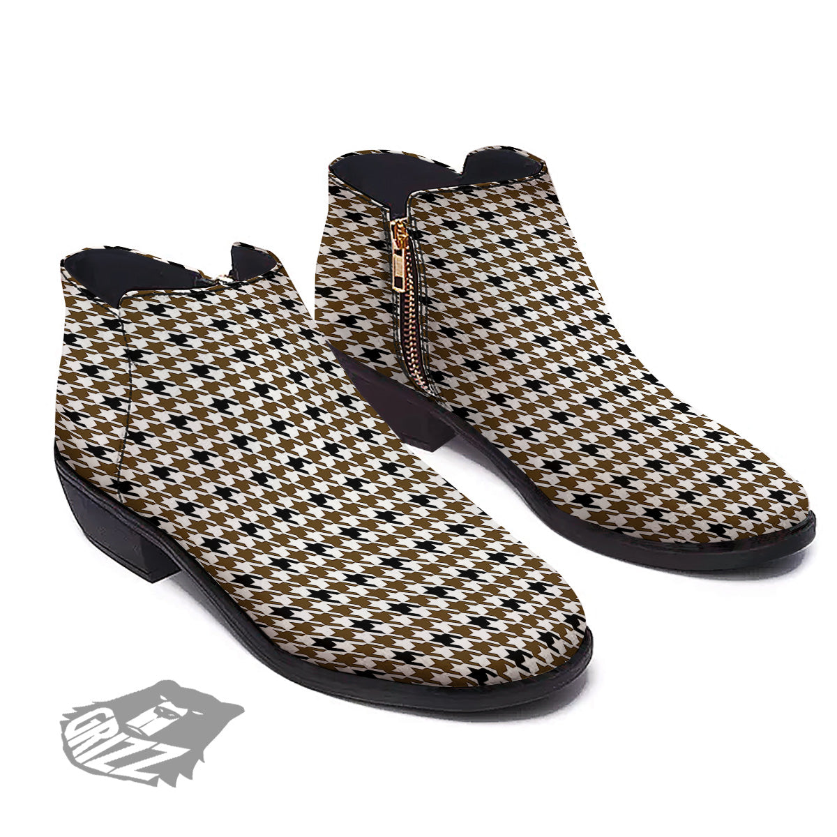 Houndstooth Black And Brown Print Ankle Boots-grizzshop