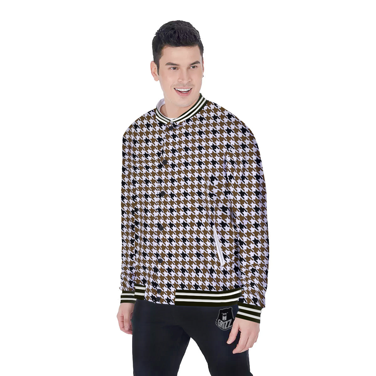 Houndstooth Black And Brown Print Baseball Jacket-grizzshop