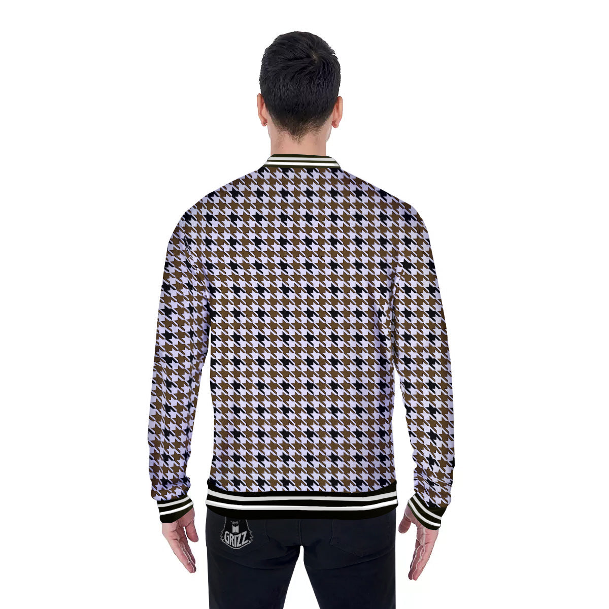 Houndstooth Black And Brown Print Baseball Jacket-grizzshop