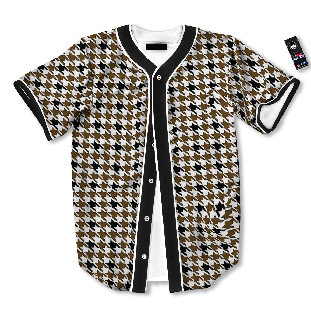 Houndstooth Black And Brown Print Baseball Jersey-grizzshop