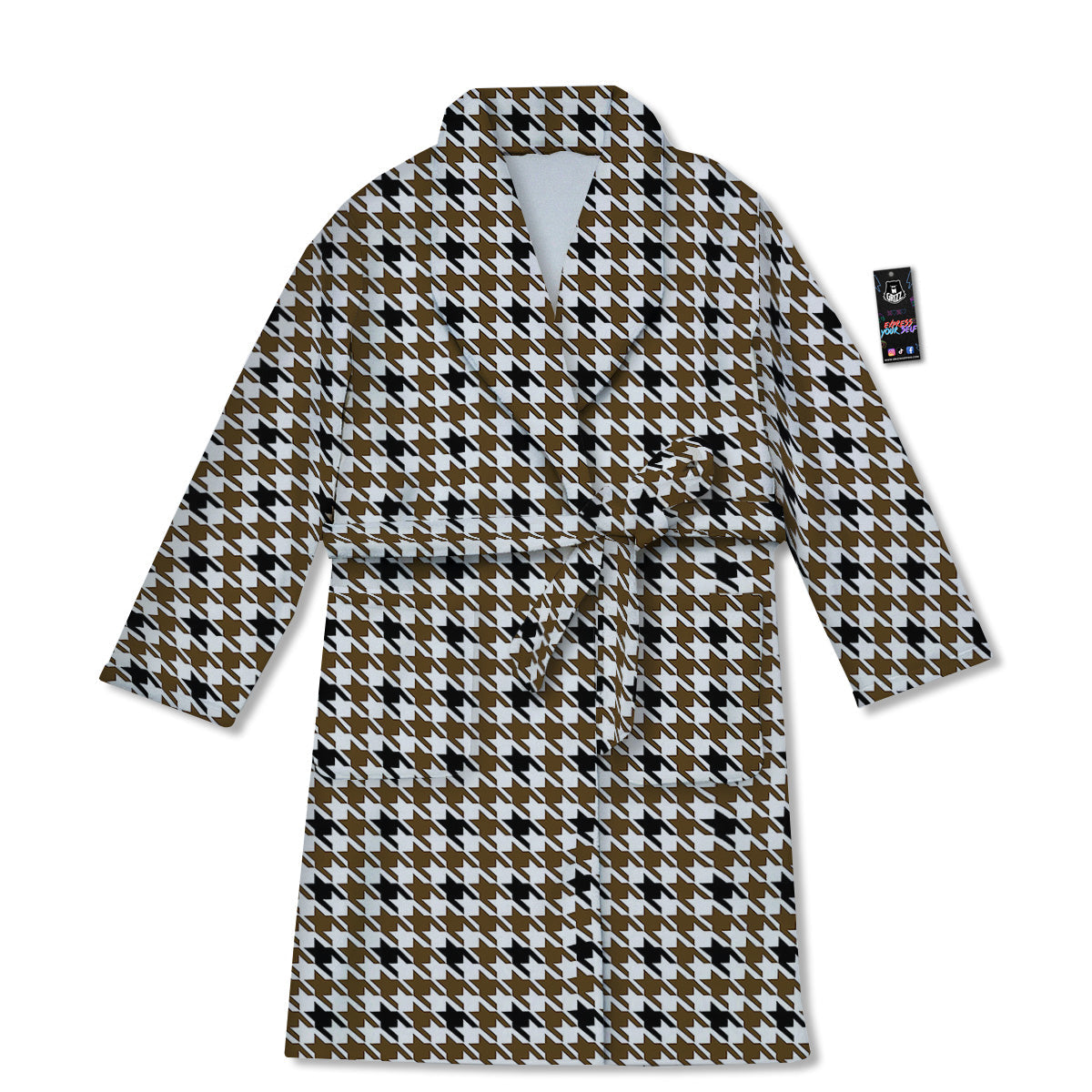 Houndstooth Black And Brown Print Bathrobe-grizzshop