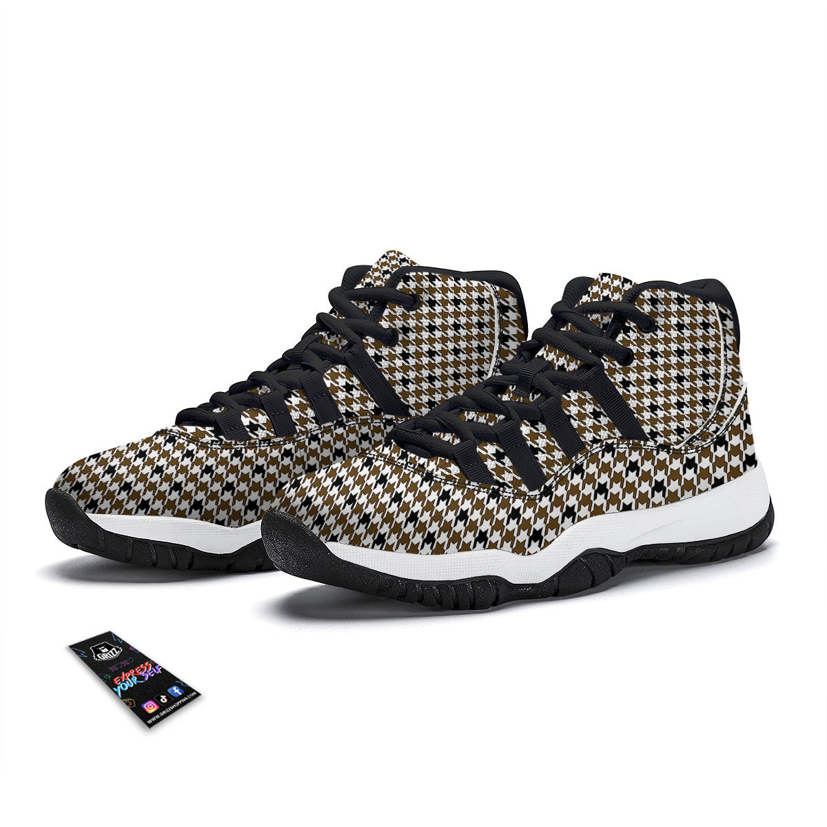 Houndstooth Black And Brown Print Black Bball Shoes-grizzshop