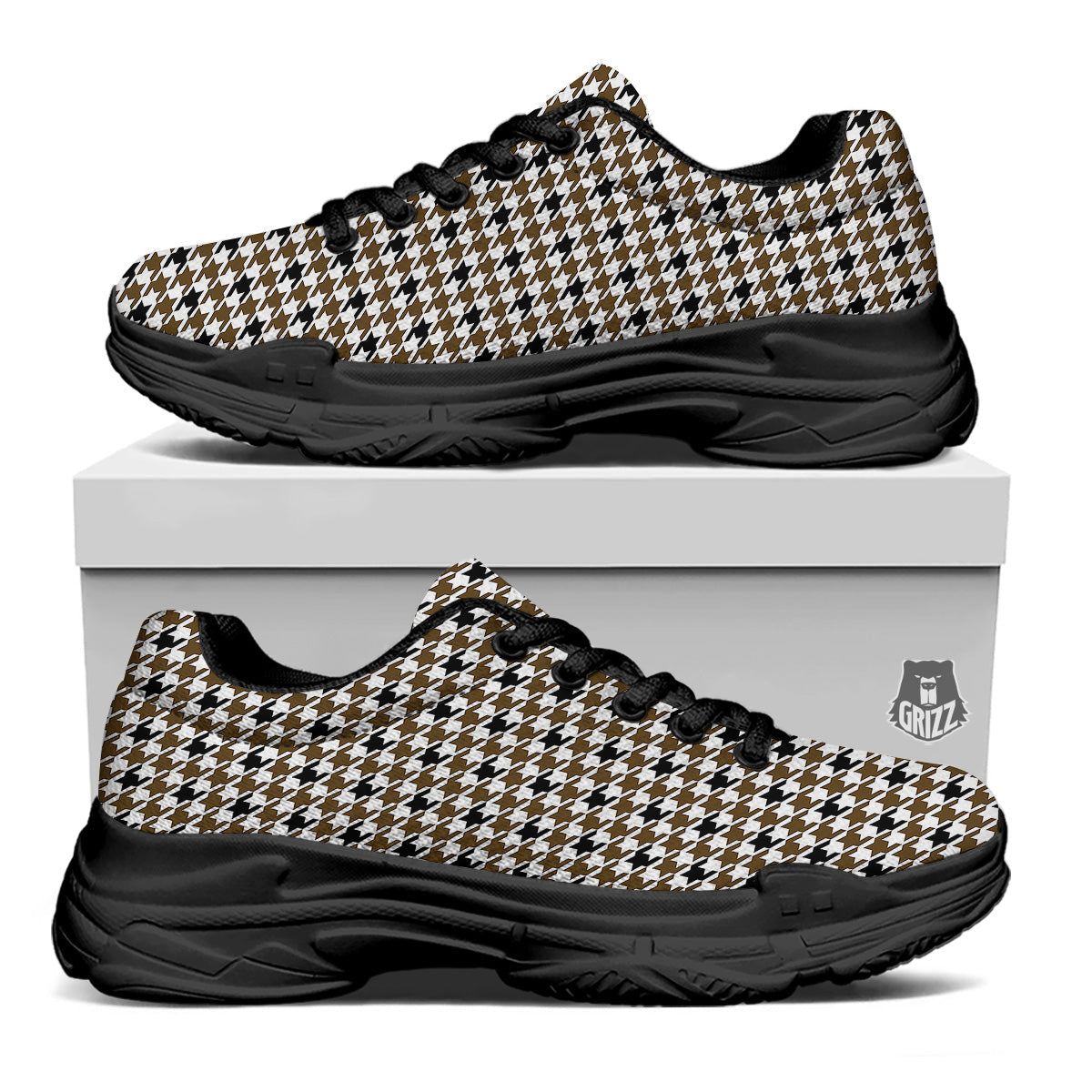 Houndstooth Black And Brown Print Black Chunky Shoes-grizzshop