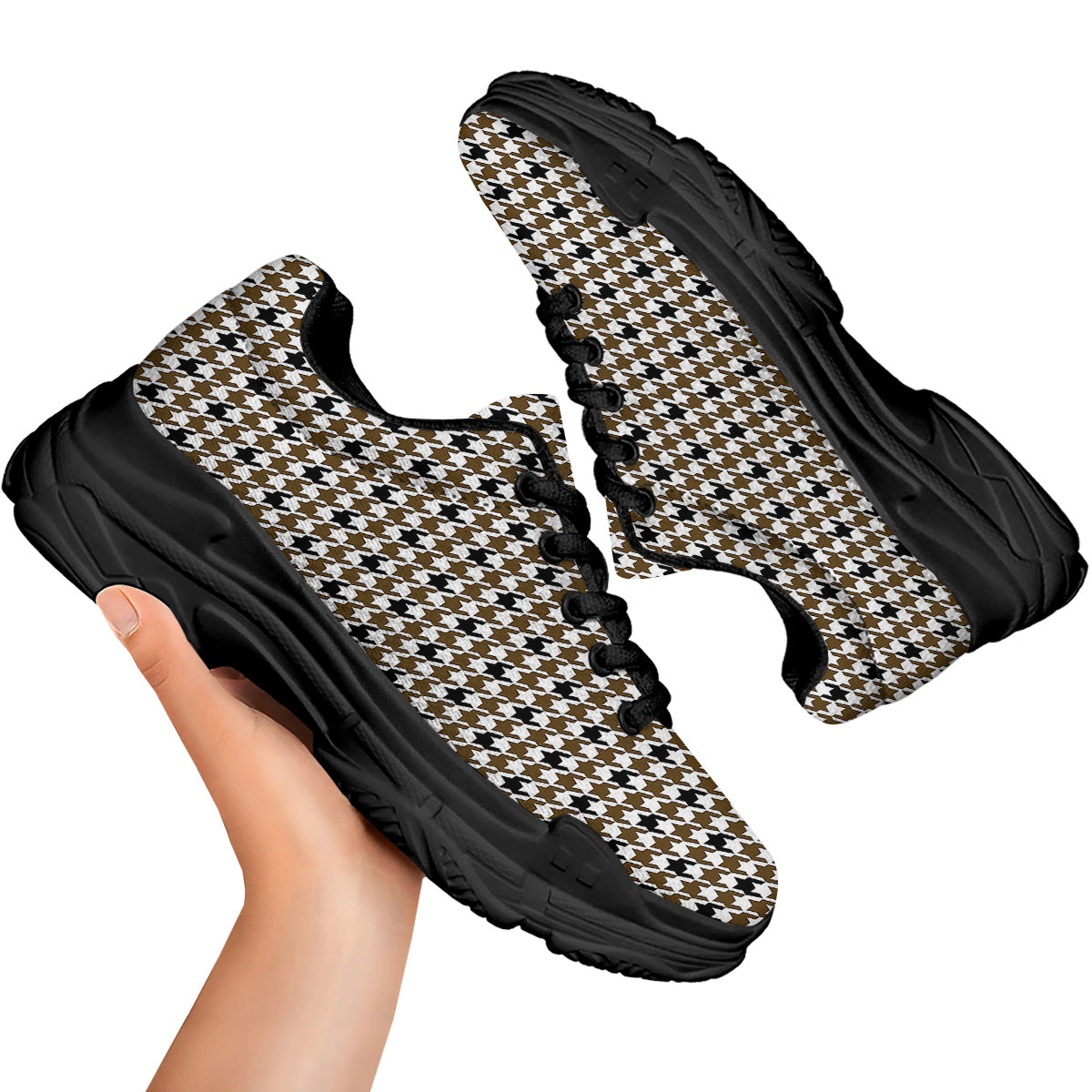 Houndstooth Black And Brown Print Black Chunky Shoes-grizzshop