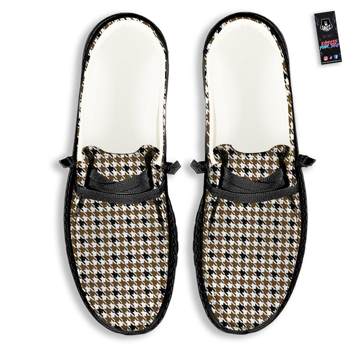 Houndstooth Black And Brown Print Black Loafers-grizzshop