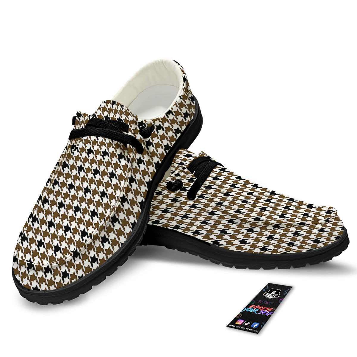 Houndstooth Black And Brown Print Black Loafers-grizzshop