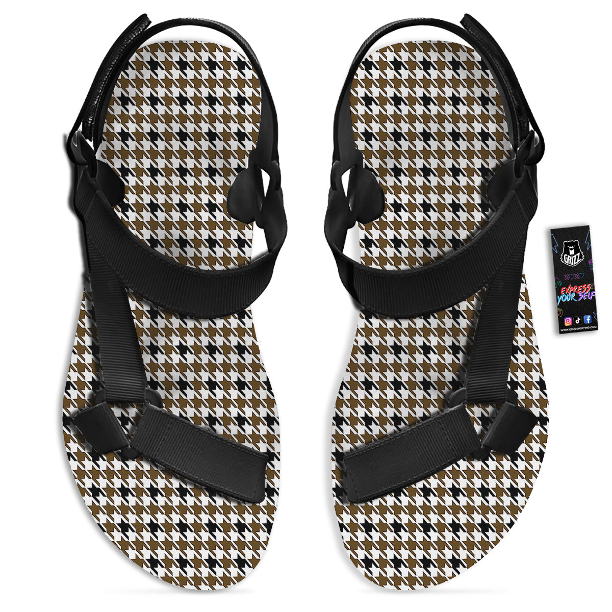 Houndstooth Black And Brown Print Black Open Toe Sandals-grizzshop