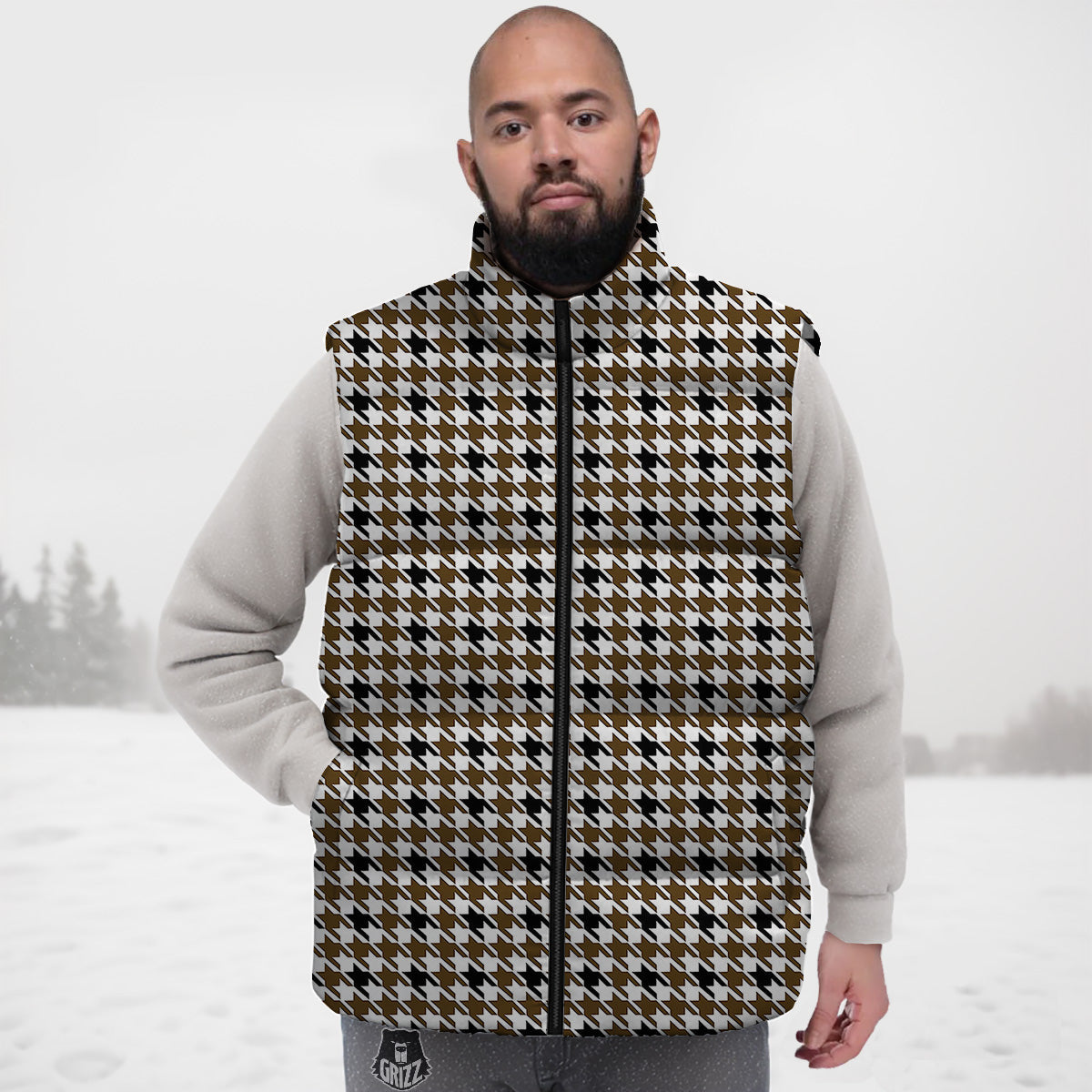 Houndstooth Black And Brown Print Down Vest