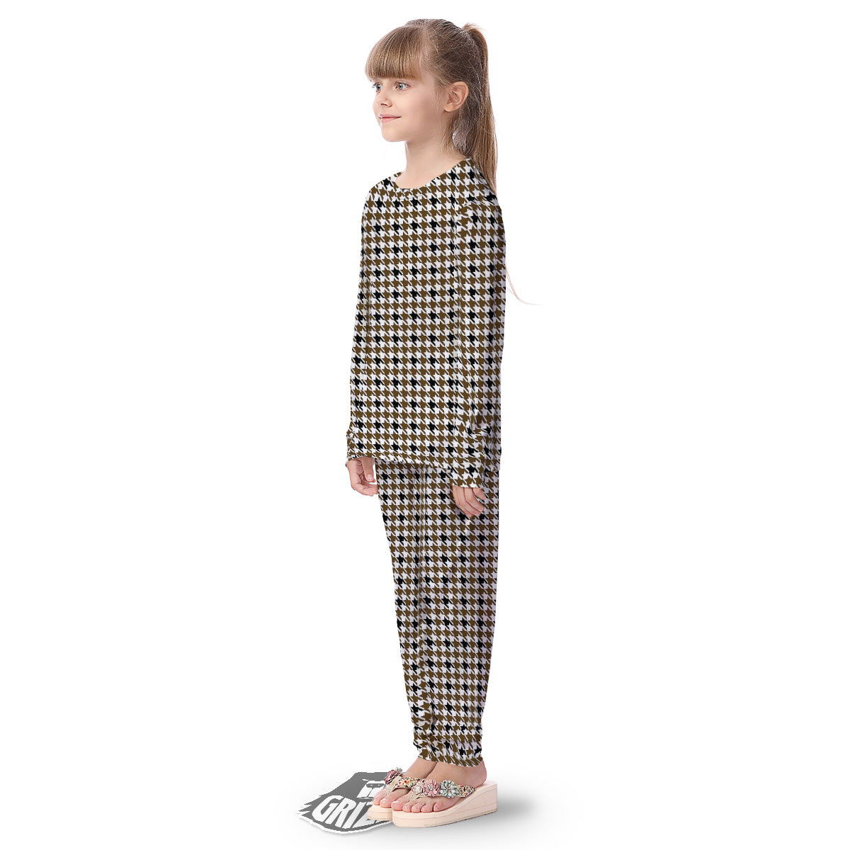 Houndstooth Black And Brown Print Kid's Pajamas-grizzshop