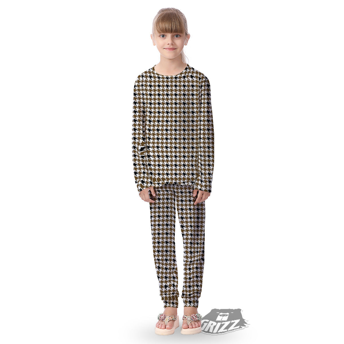 Houndstooth Black And Brown Print Kid's Pajamas-grizzshop