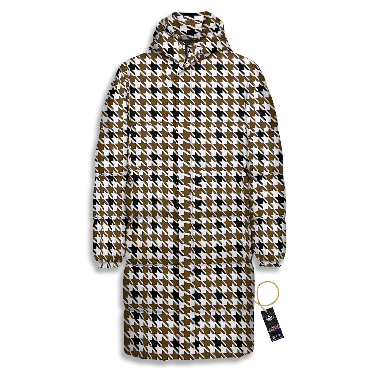 Houndstooth Black And Brown Print Long Down Jacket-grizzshop
