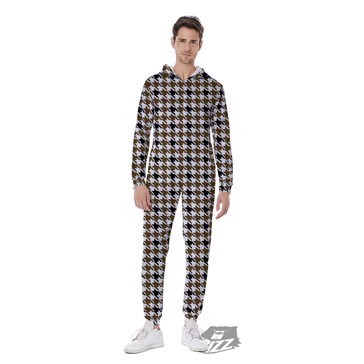 Houndstooth Black And Brown Print Men's Jumpsuit-grizzshop