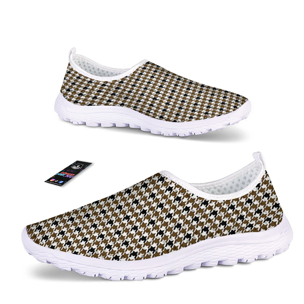 Houndstooth Black And Brown Print Nurse Shoes-grizzshop