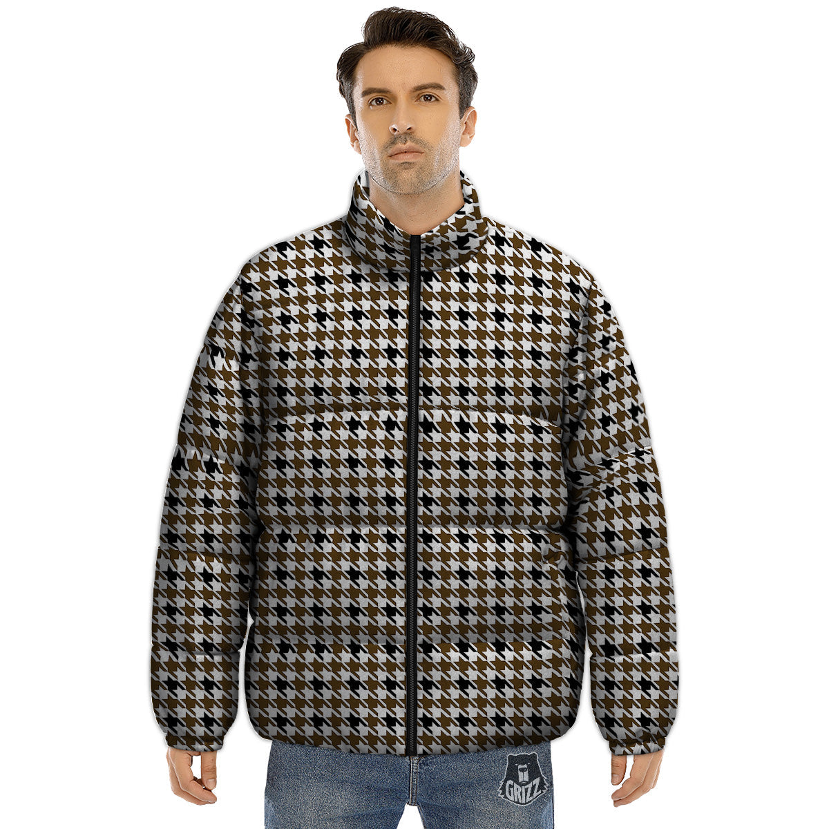 Houndstooth Black And Brown Print Puffer Jacket-grizzshop