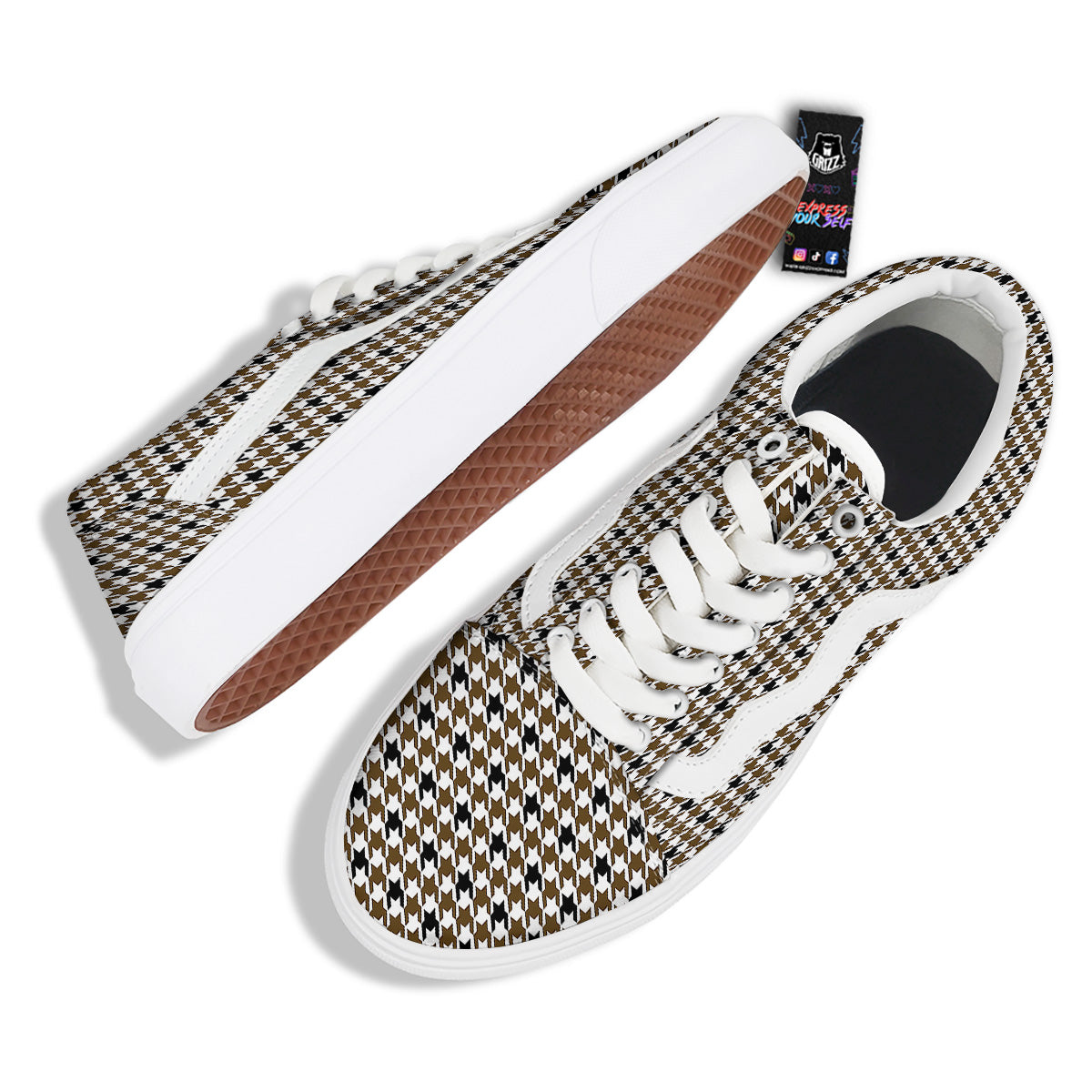 Houndstooth Black And Brown Print Skate Shoes-grizzshop