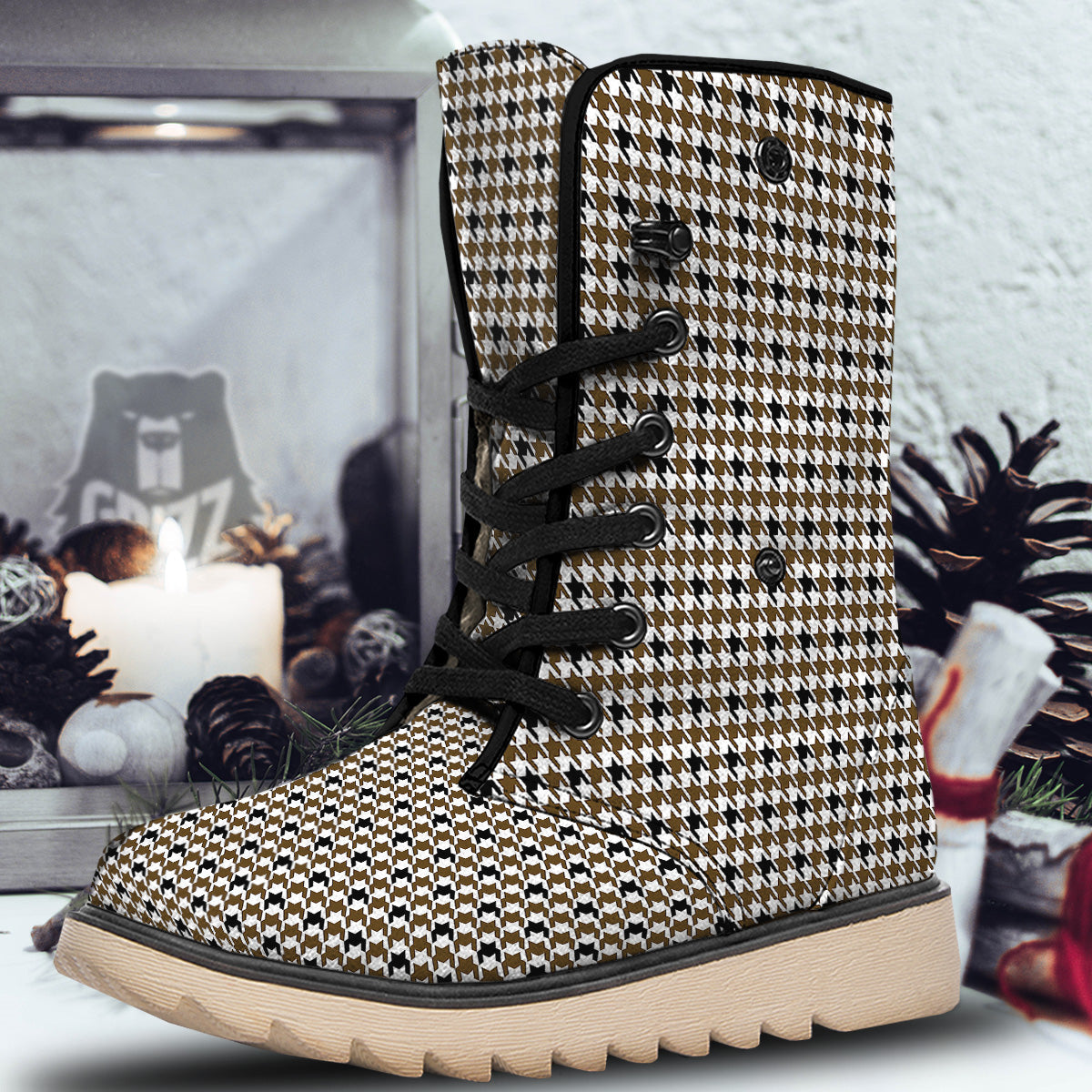 Houndstooth Black And Brown Print Snow Boots-grizzshop