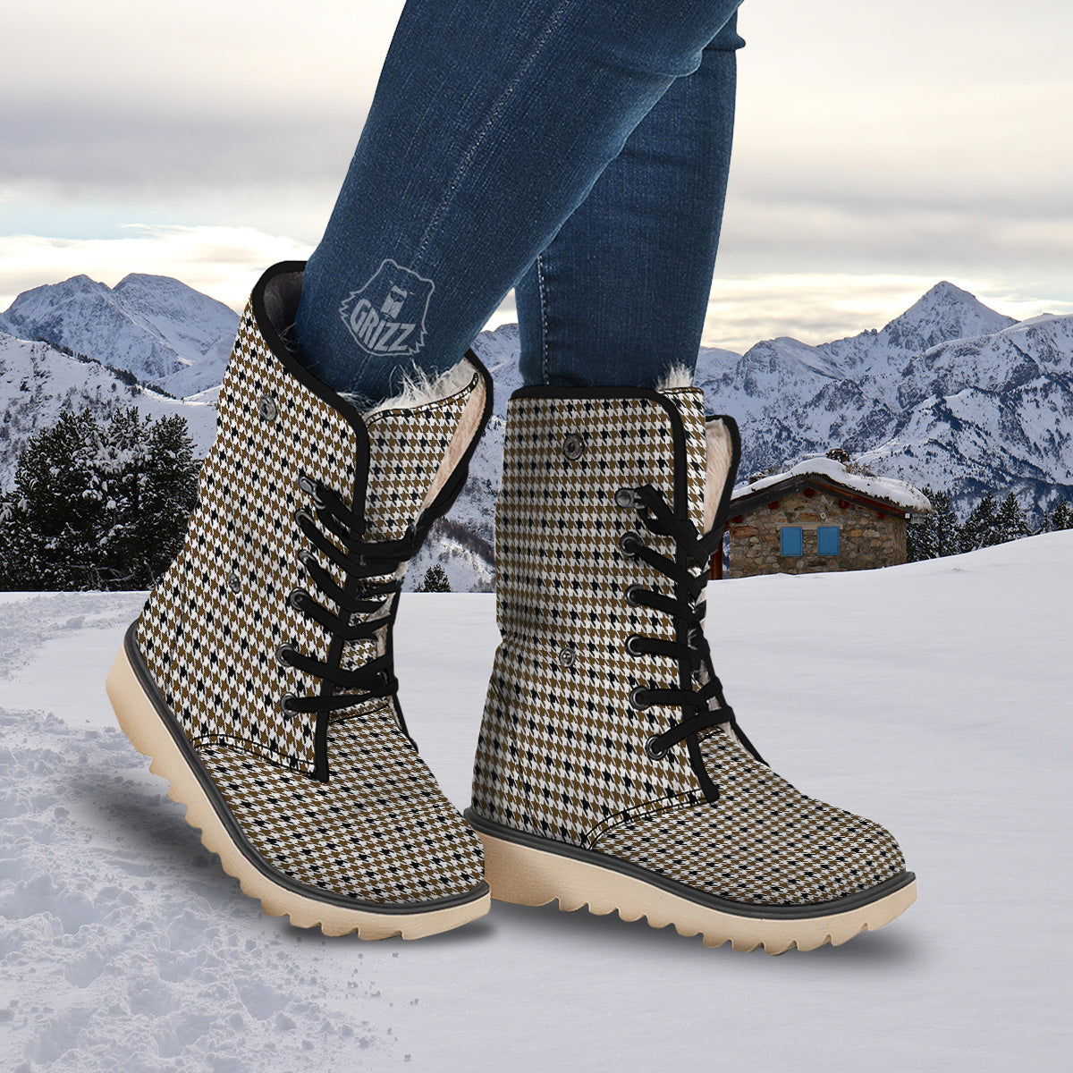Houndstooth Black And Brown Print Snow Boots-grizzshop