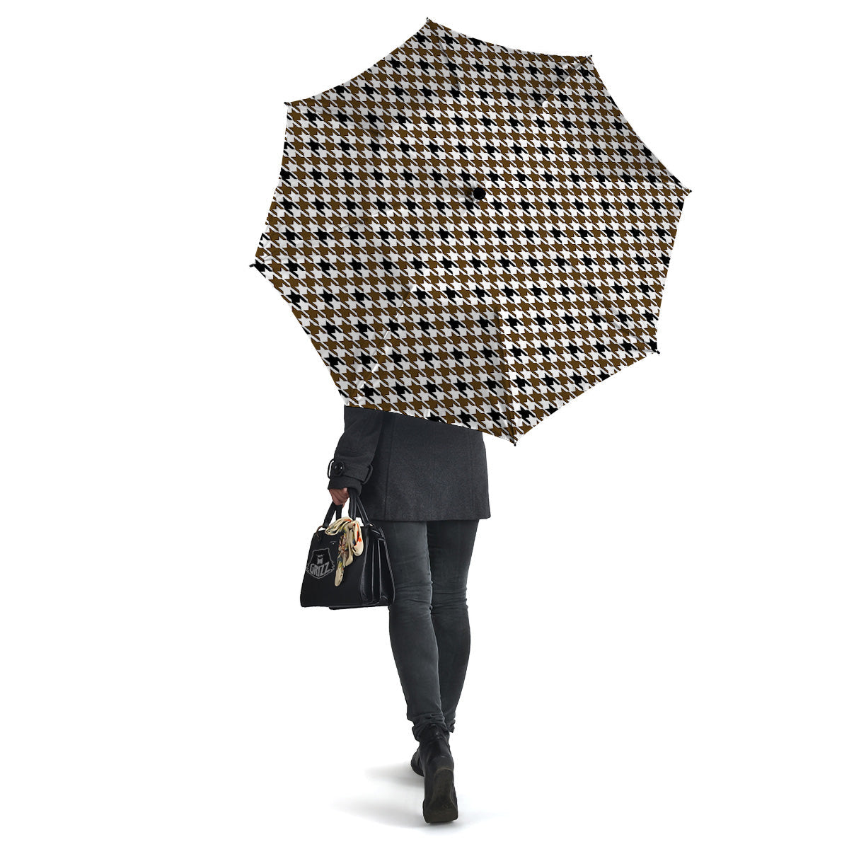 Houndstooth Black And Brown Print Umbrella-grizzshop