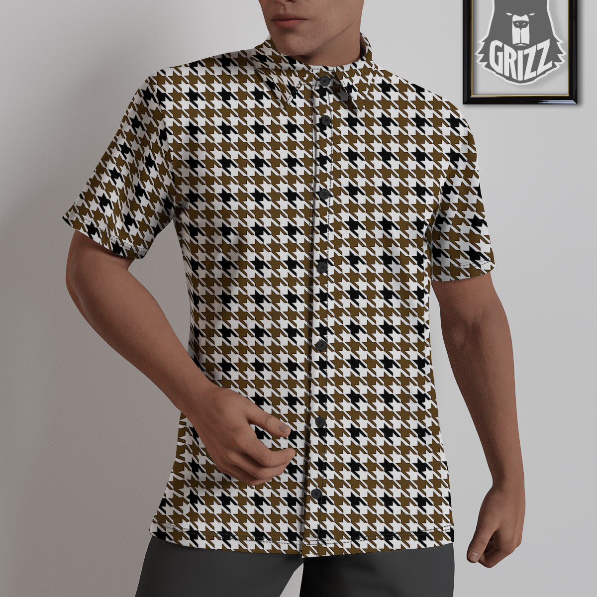 Houndstooth Black And Brown Print Untucked Shirts-grizzshop