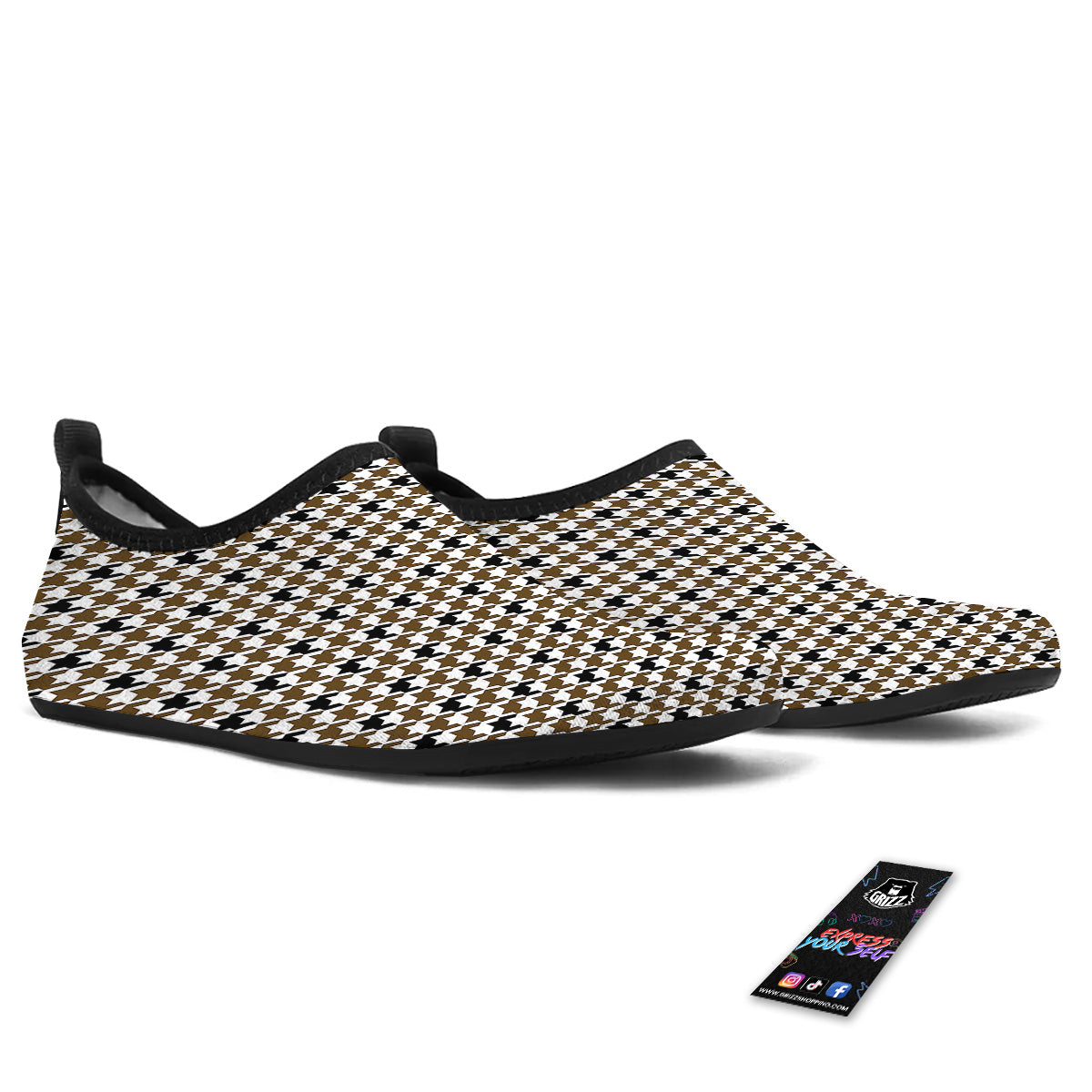 Houndstooth Black And Brown Print Water Shoes-grizzshop