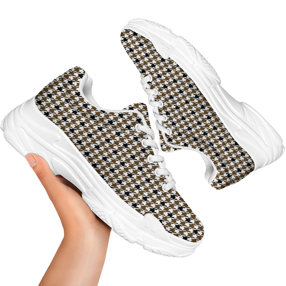 Houndstooth Black And Brown Print White Chunky Shoes-grizzshop