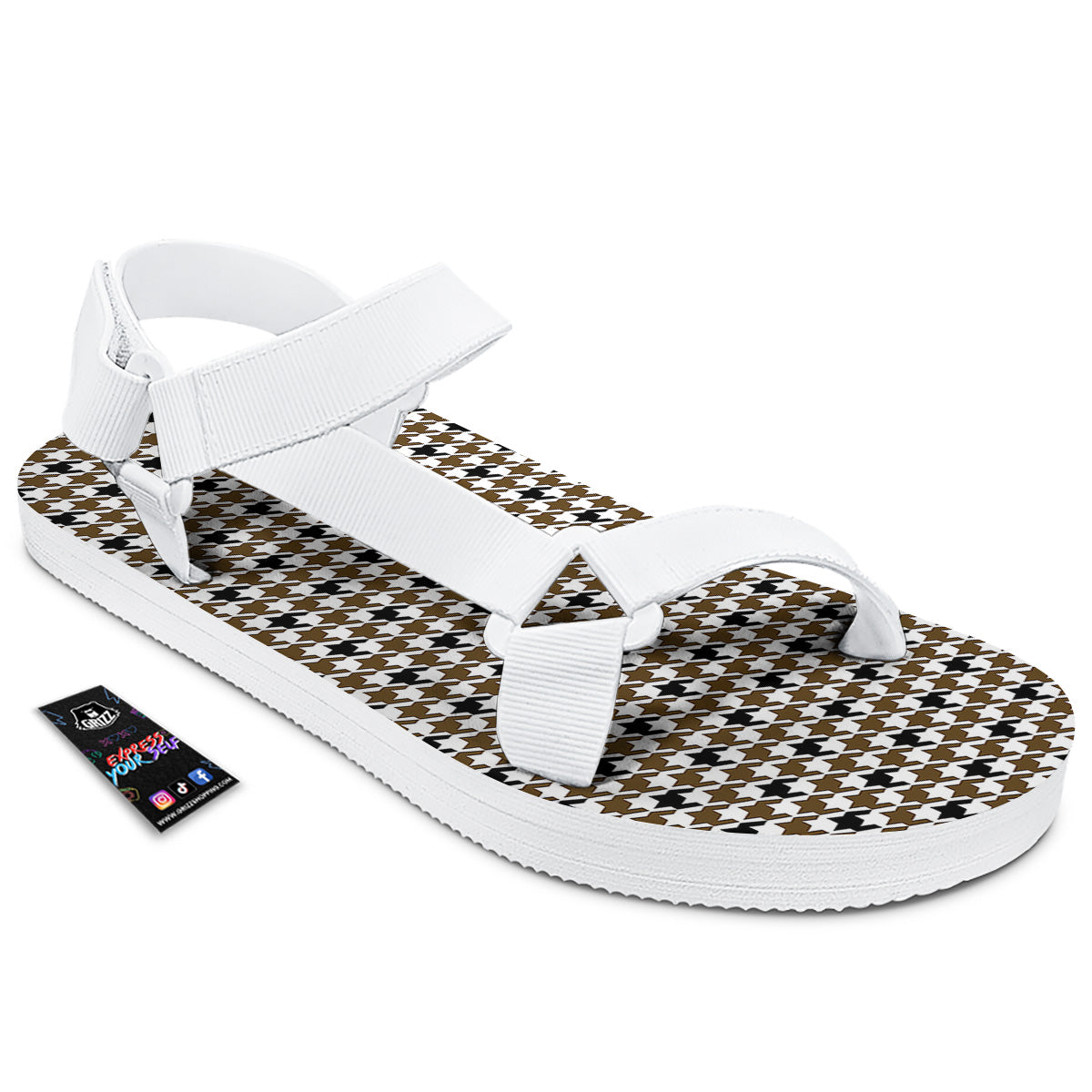Houndstooth Black And Brown Print White Open Toe Sandals-grizzshop