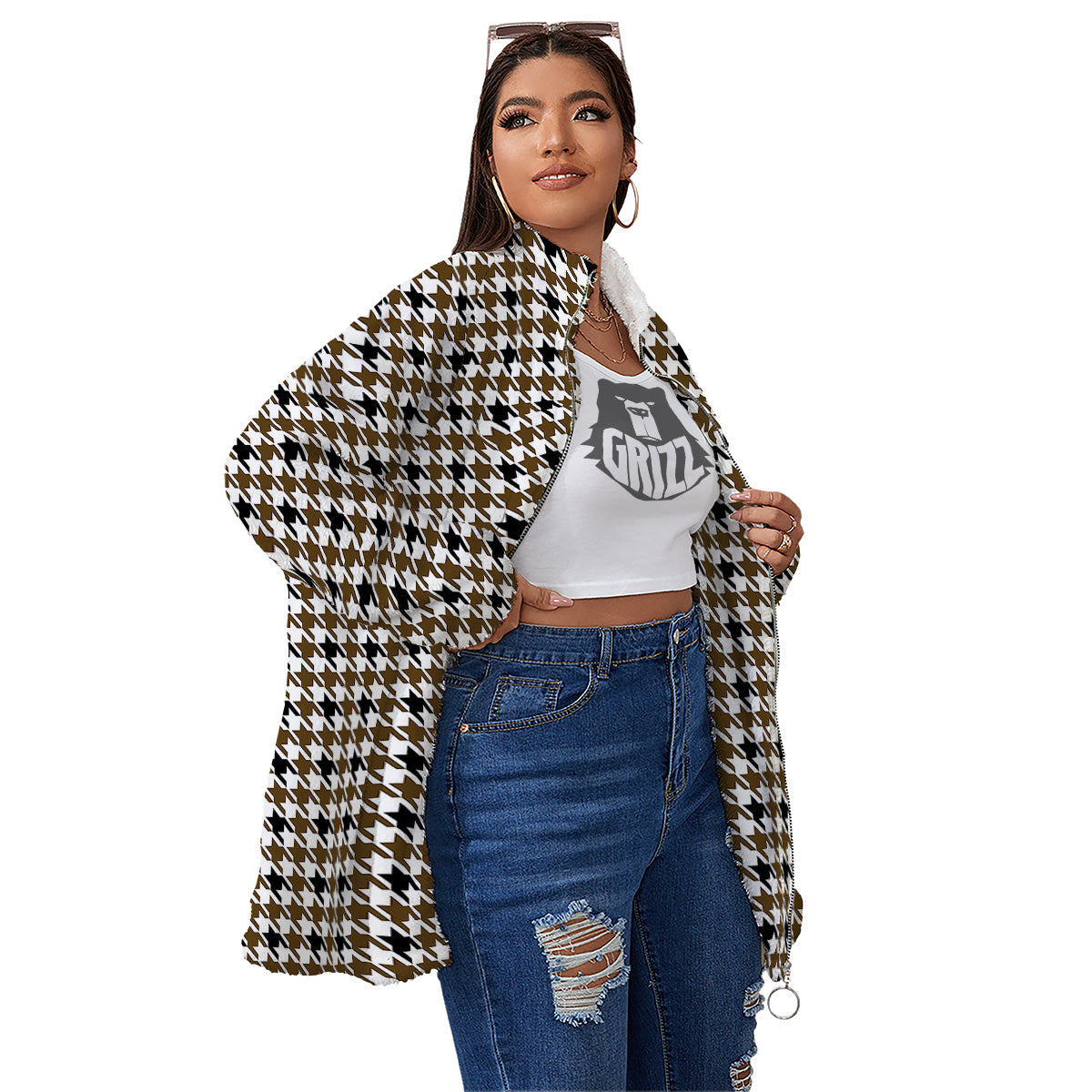 Houndstooth Black And Brown Print Women's Sherpa Jacket-grizzshop