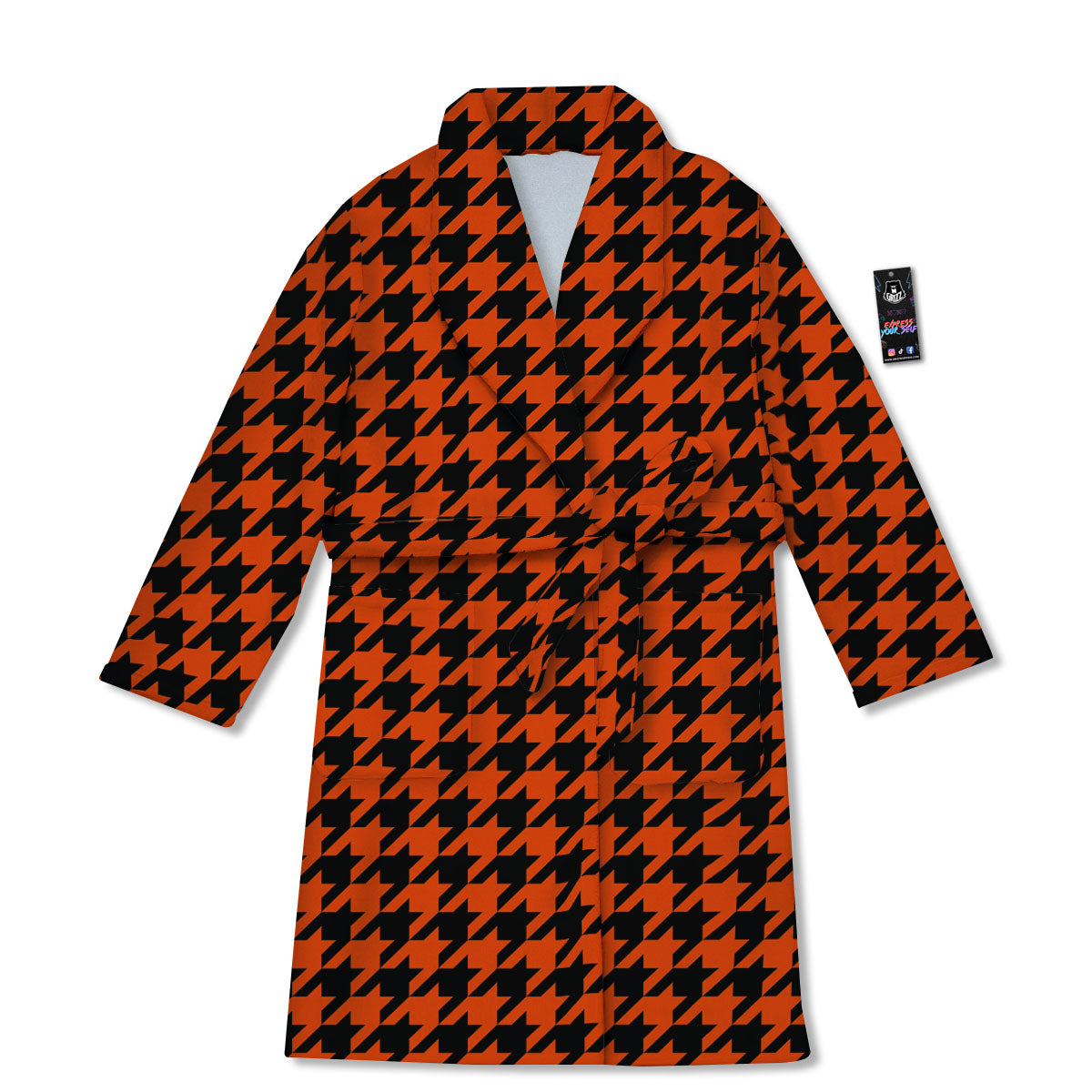 Houndstooth Black And Orange Print Bathrobe-grizzshop
