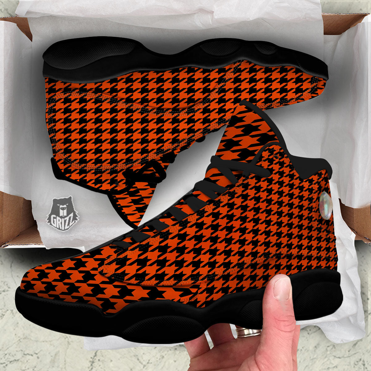 Houndstooth Black And Orange Print Black Basketball Shoes-grizzshop