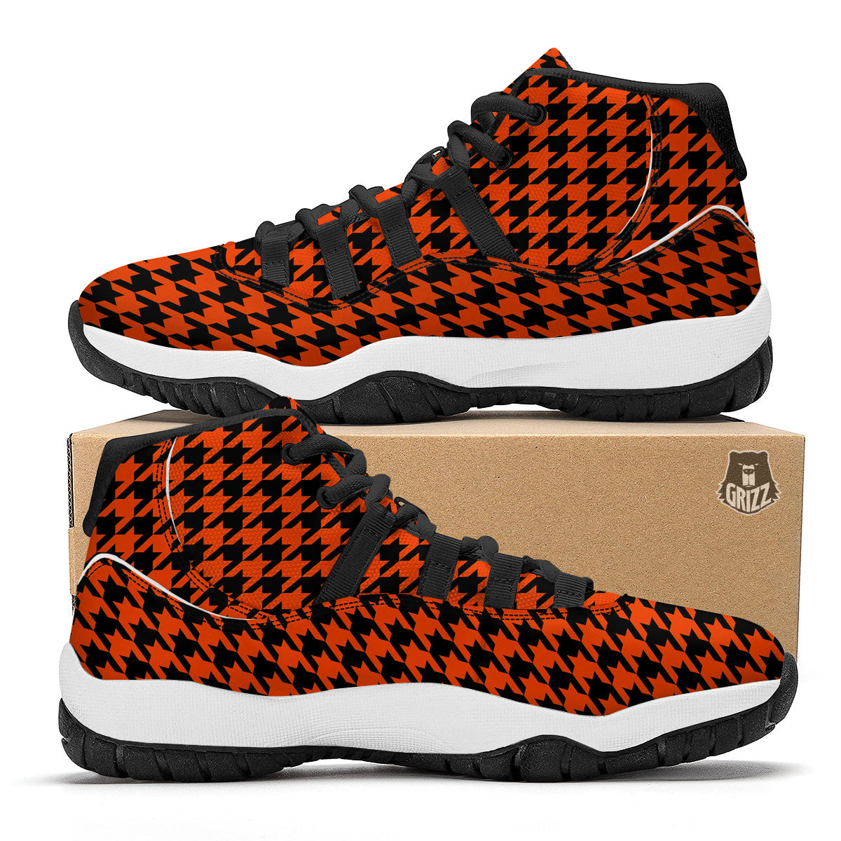 Houndstooth Black And Orange Print Black Bball Shoes-grizzshop