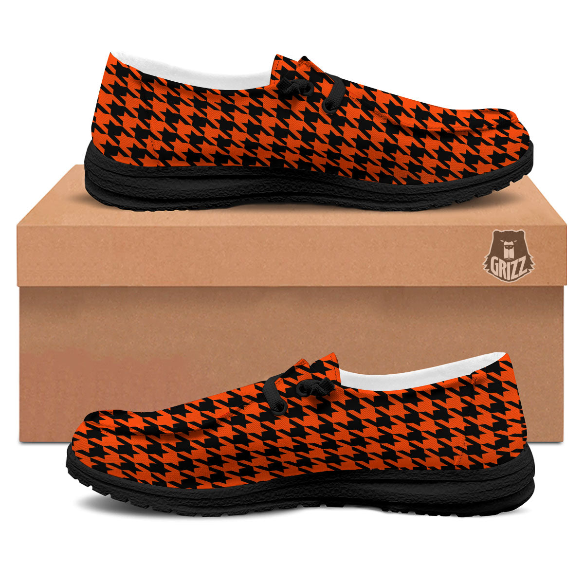Houndstooth Black And Orange Print Black Loafers-grizzshop
