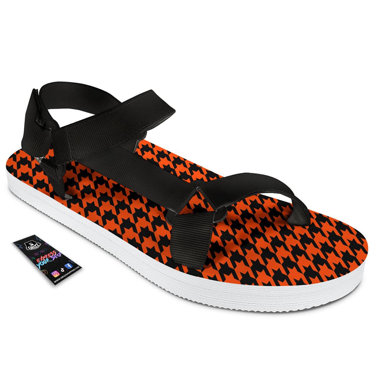 Houndstooth Black And Orange Print Black Open Toe Sandals-grizzshop