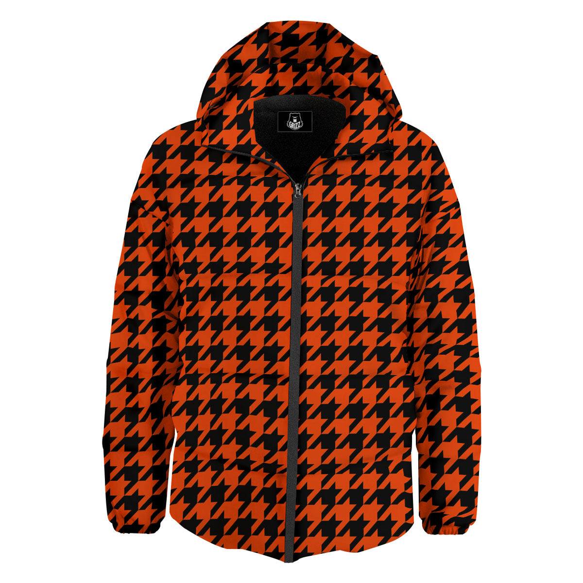 Houndstooth Black And Orange Print Down Jacket-grizzshop