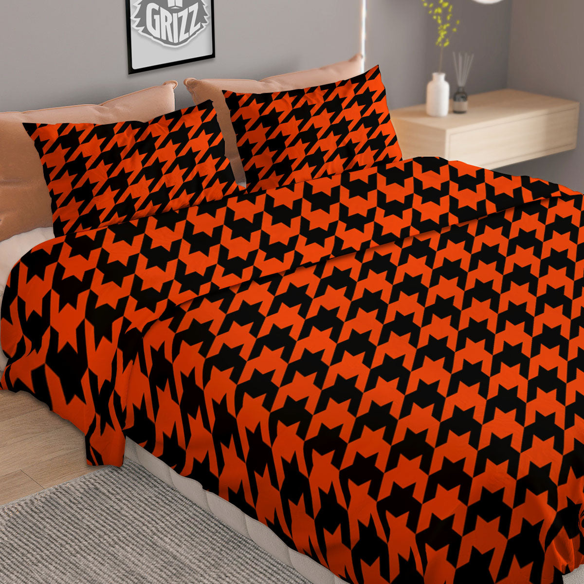 Houndstooth Black And Orange Print Duvet Cover Bedding Set