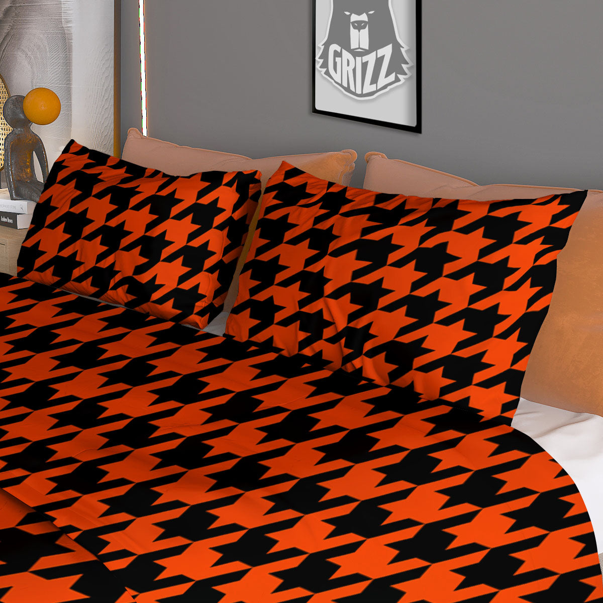 Houndstooth Black And Orange Print Duvet Cover Bedding Set