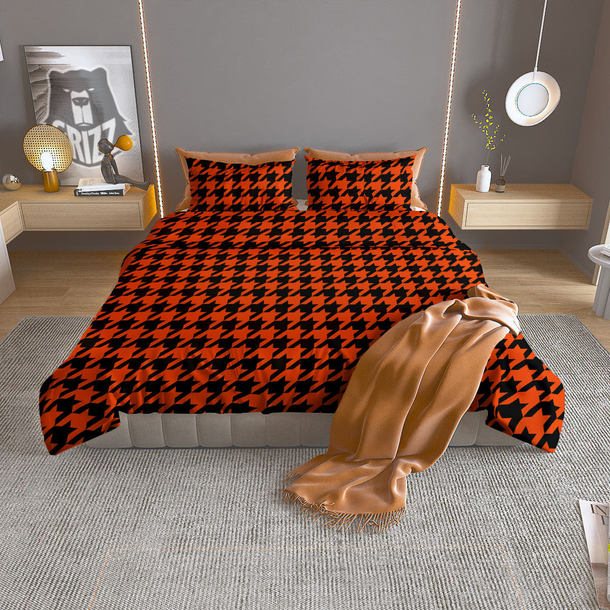 Houndstooth Black And Orange Print Duvet Cover Bedding Set