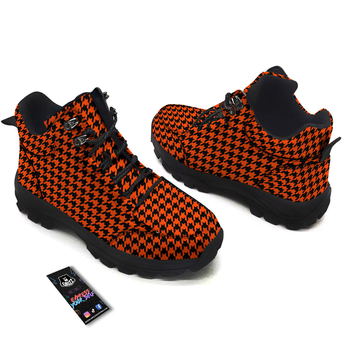 Houndstooth Black And Orange Print Hiking Shoes-grizzshop