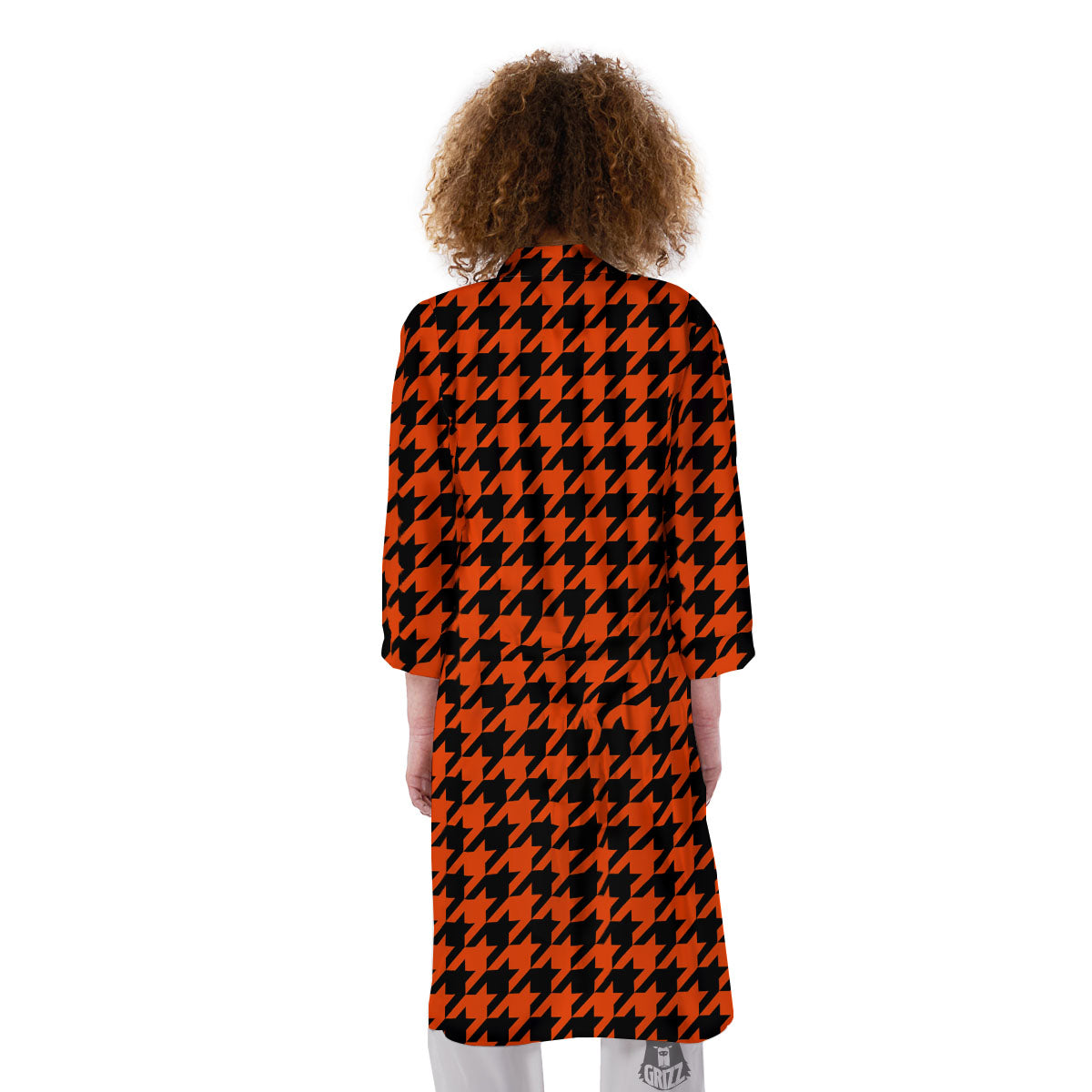 Houndstooth Black And Orange Print Kimono-grizzshop