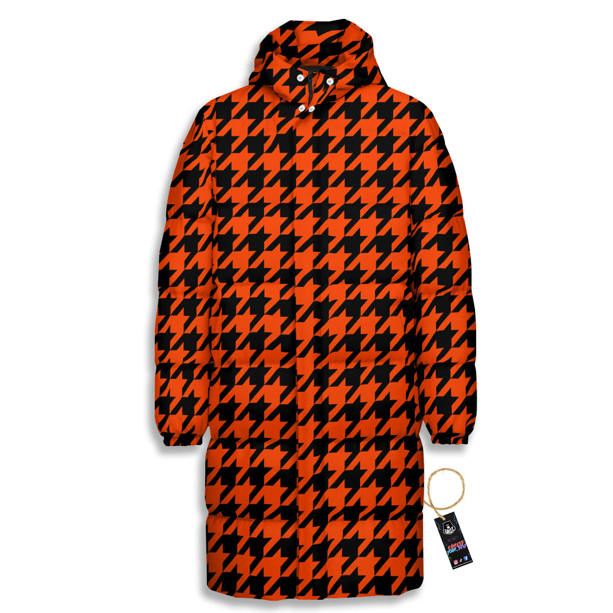 Houndstooth Black And Orange Print Long Down Jacket-grizzshop