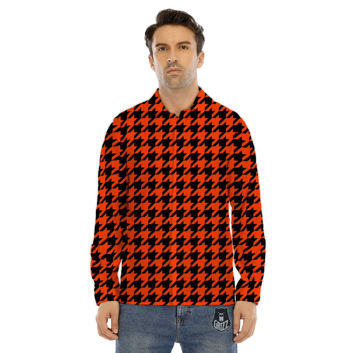 Houndstooth Black And Orange Print Men's Dress Shirts-grizzshop
