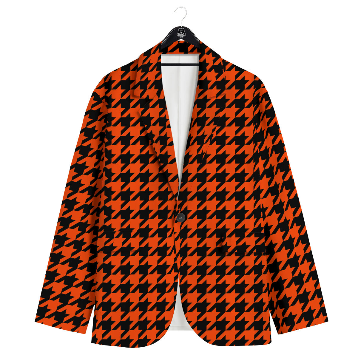 Houndstooth Black And Orange Print Men's Sport Coat-grizzshop