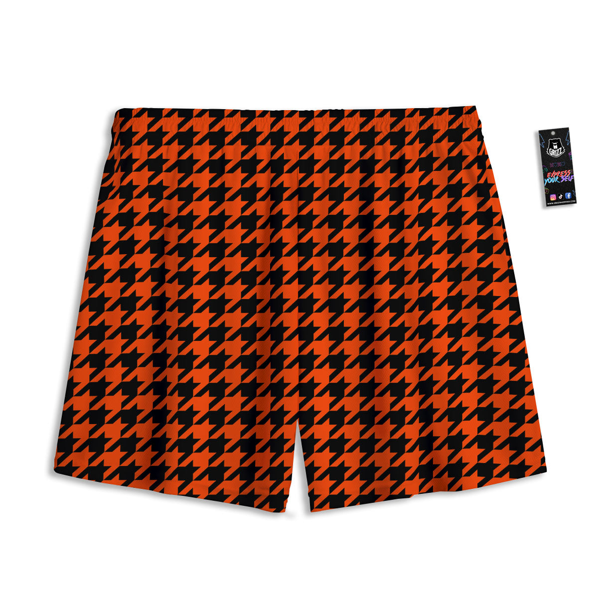 Houndstooth Black And Orange Print Mesh Shorts