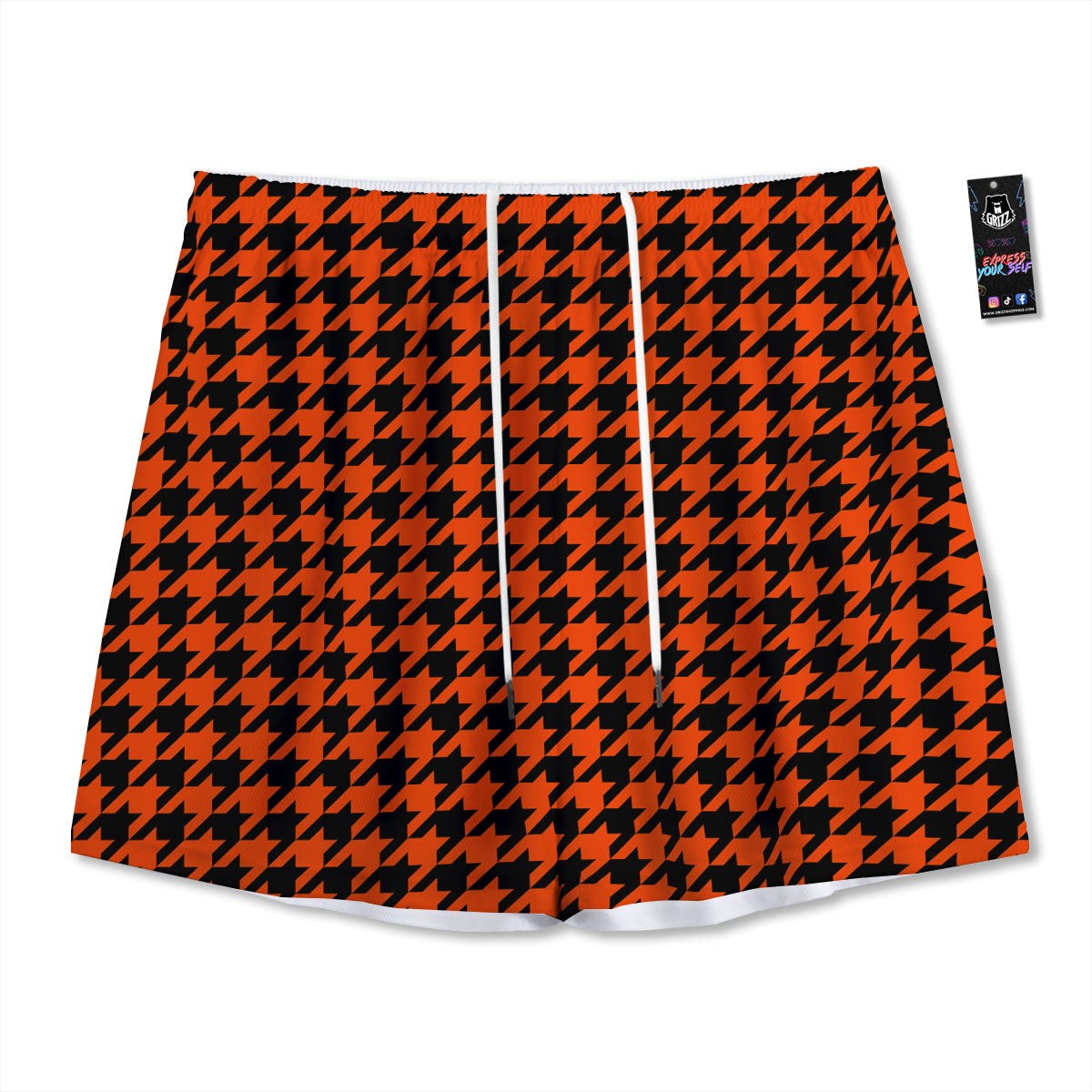 Houndstooth Black And Orange Print Mesh Shorts