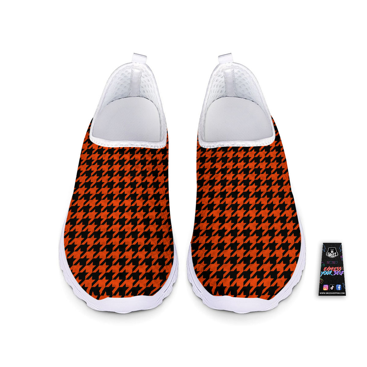 Houndstooth Black And Orange Print Nurse Shoes-grizzshop