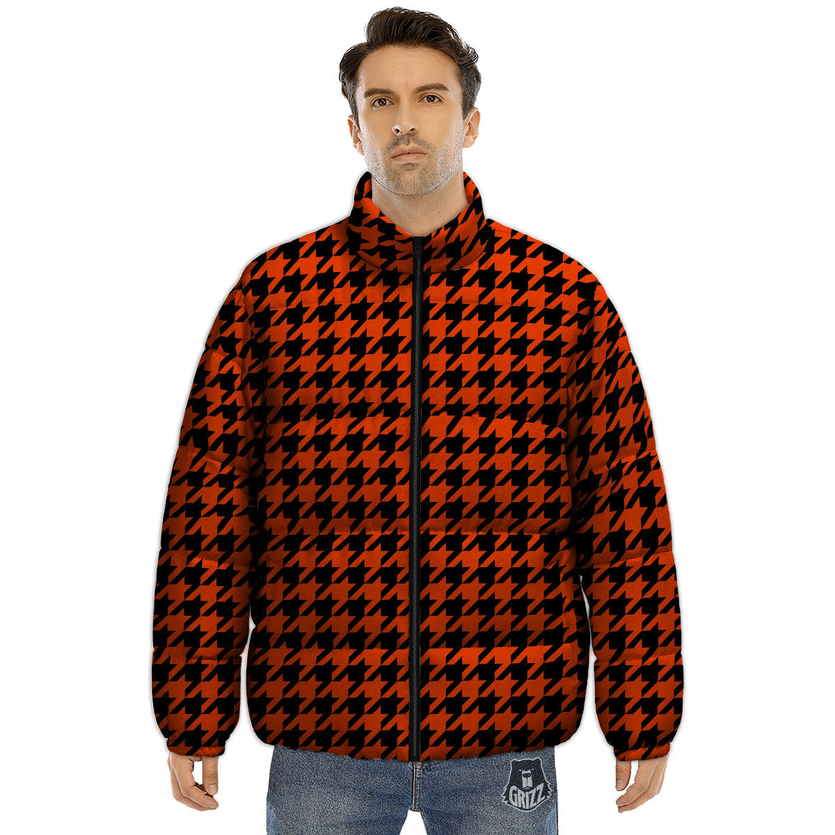 Houndstooth Black And Orange Print Puffer Jacket-grizzshop